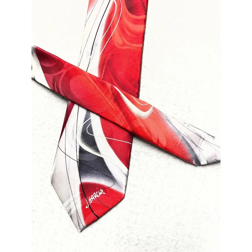 J. Garcia Blue Fan Silk Tie Men Red Silver Black Abstract Art Collectors Edition